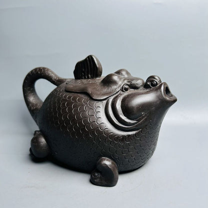 Vintage Chinese Yixing Purple Clay Teapot Zisha Ceremony Fish Dragon Teaware Art
