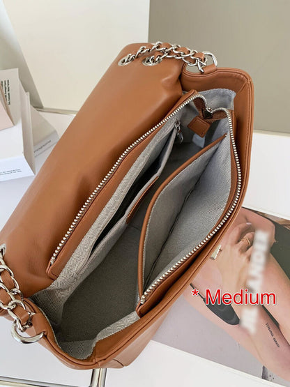 Real Leather Small Flap Purse Shoulder Bag Double Chains Crossbody Work Handbag