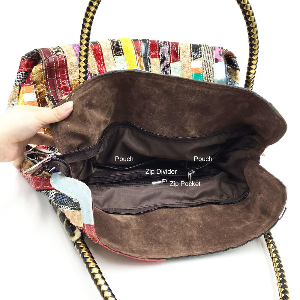 Multicolor Patch Real Leather Shoulder Bag Tote Handbag Purse Crossbody 2 Handle