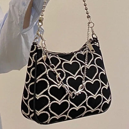 Fashion Handbags Heart Shape Embroidered Shoulder Bag Gothic Tote Canvas Bag 1PC