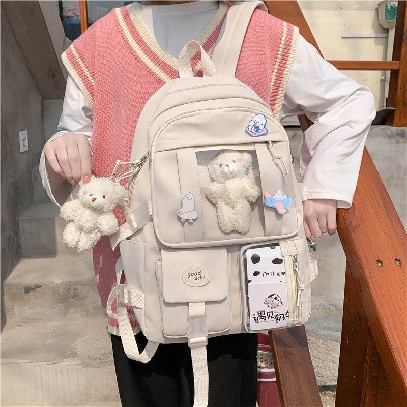 Backpack School Bags Multi Pockets Cute Zipper Blue White Pink Purple Polyester