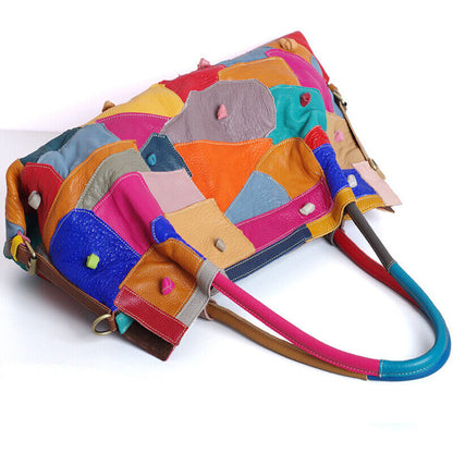 100% Genuine Leather Colorful Blocks Patchwork Handbag Women's Tote Shoulder Bag
