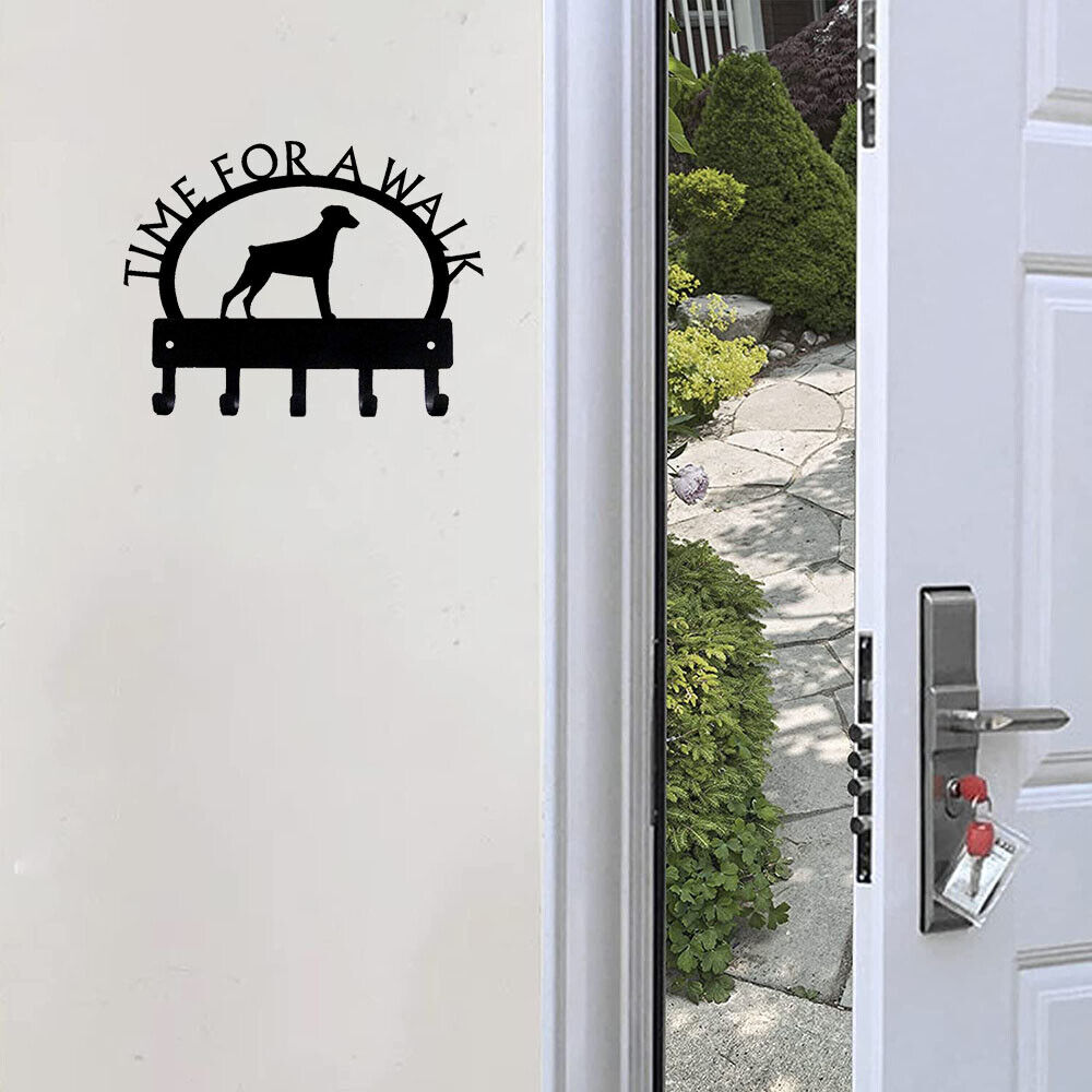 Doberman (Natural Ear) Time for a Walk Key Rack Dog Leash Hanger Metal Wall Art