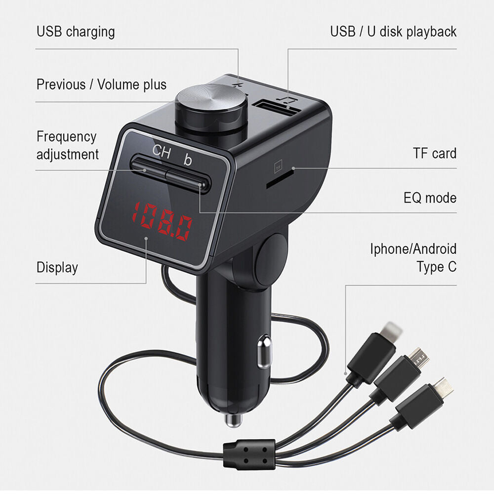 Bluetooth Car FM Transmitter MP3 Player with Type-C Micro-USB 8Pin Charger Cable