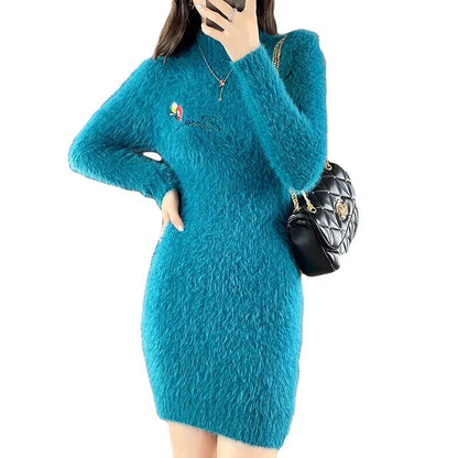Autumn Winter Mink Fleece Dress Women Sweater Dress Base Shirt Mini Dress