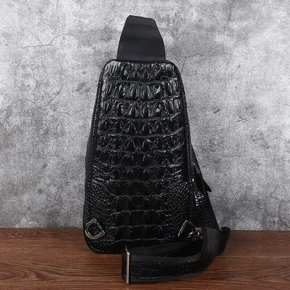 Black Alligator Crocodile Skin Leather Sling Backpack Men's Luxury Crossbody bag