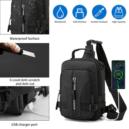 Men's Sling Bag Chest Shoulder Backpack Fanny Pack Crossbody Bag w/ USB Charging