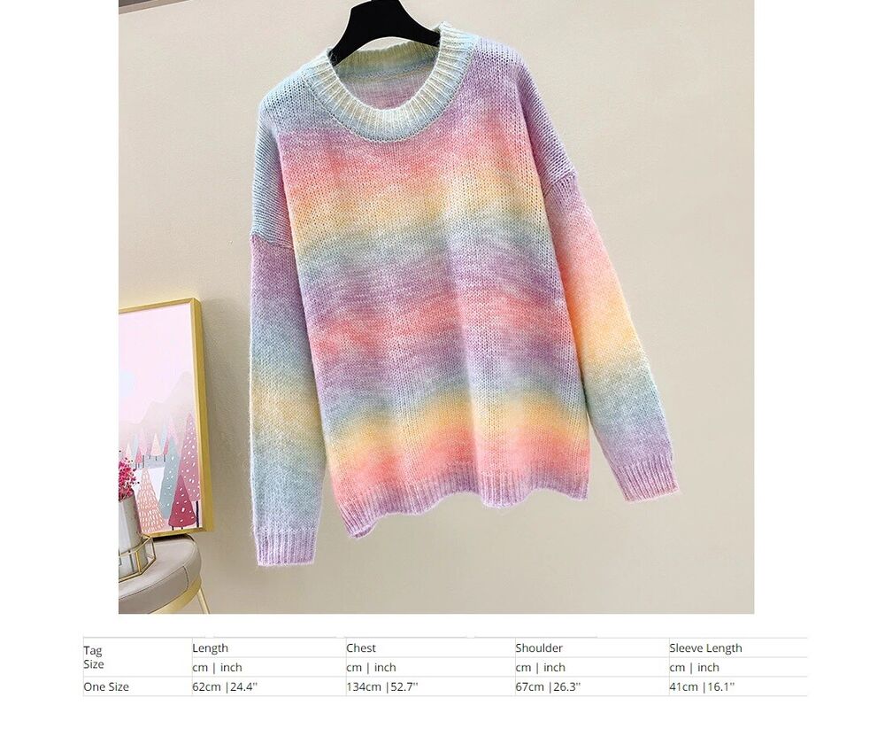 Women Rainbow Sweater Knitted Cotton Pullovers O-Neck Oversize Loose Striped Top