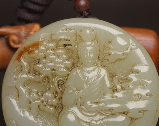 Chinese Natural Hetian Jade Carved Kwan Yin Statue Good Luck Pendant Jewelry Art