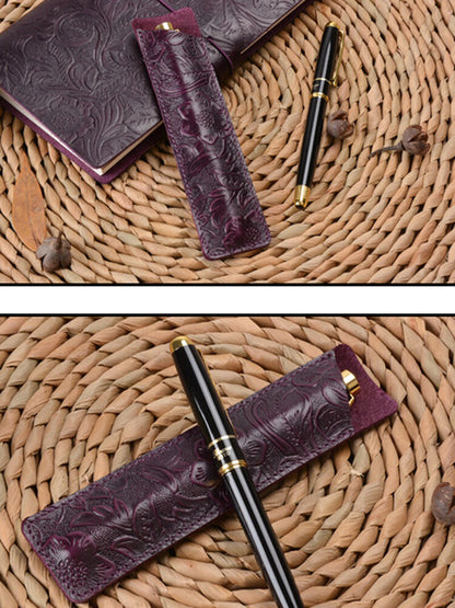 Handmade Cowhide Leather Carved Vintage Pencil Case Stationery Storage Bag