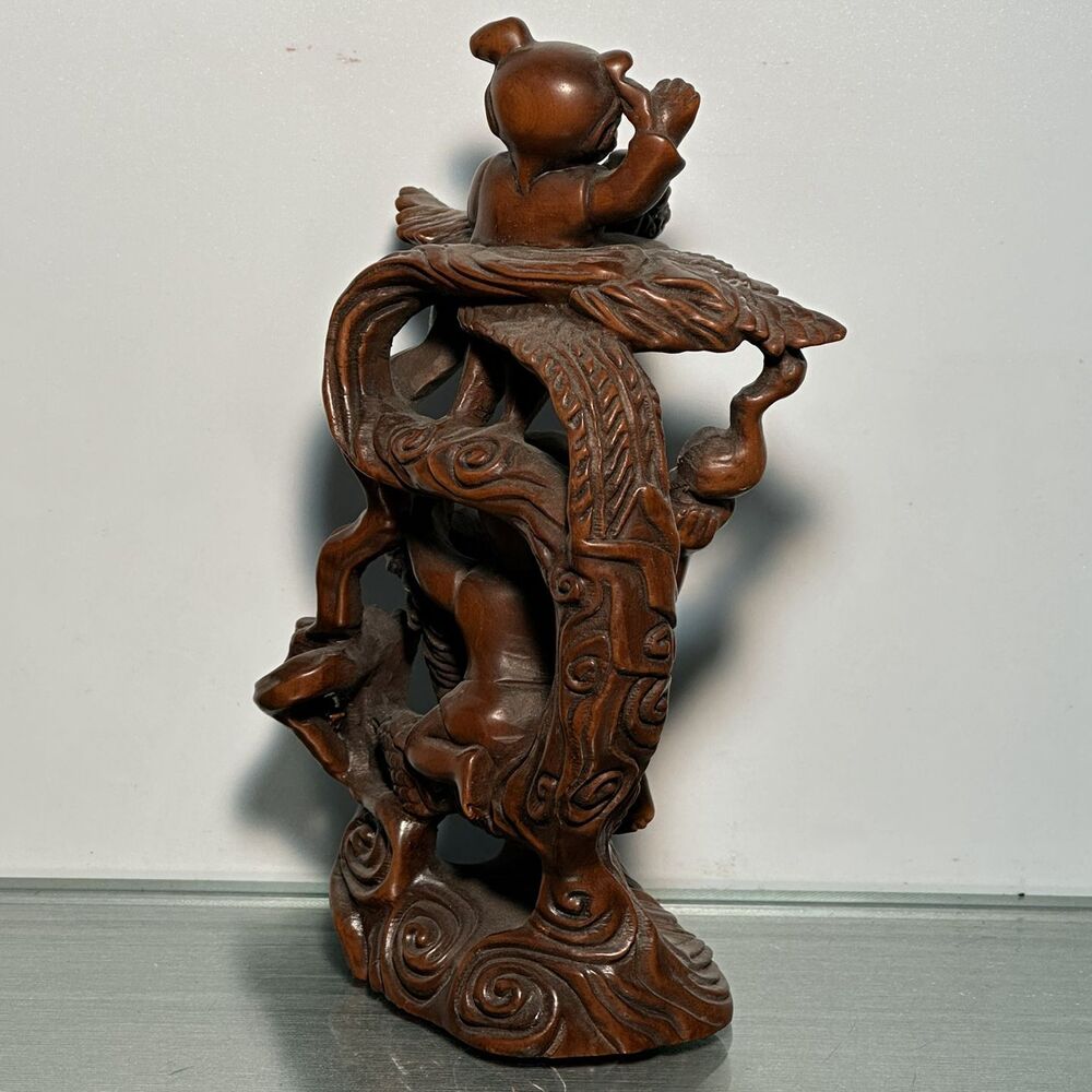 Chinese Boxwood Carving Dragon Phoenix Children Statue Figurine Home Decor Art