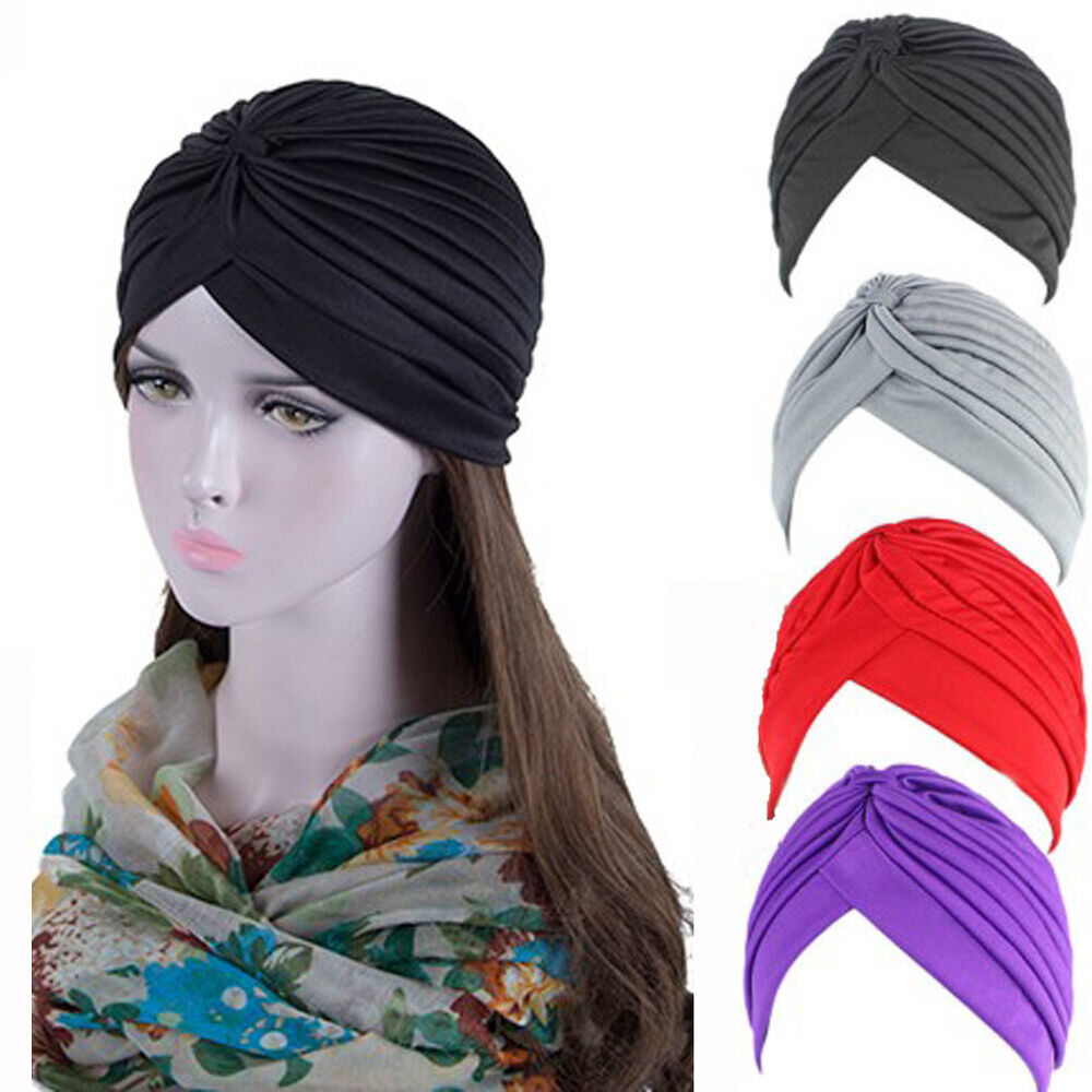 Women Stretchy Turban Hat Muslim Hat Solid Color Wrap Hijab Knotted Indian Caps