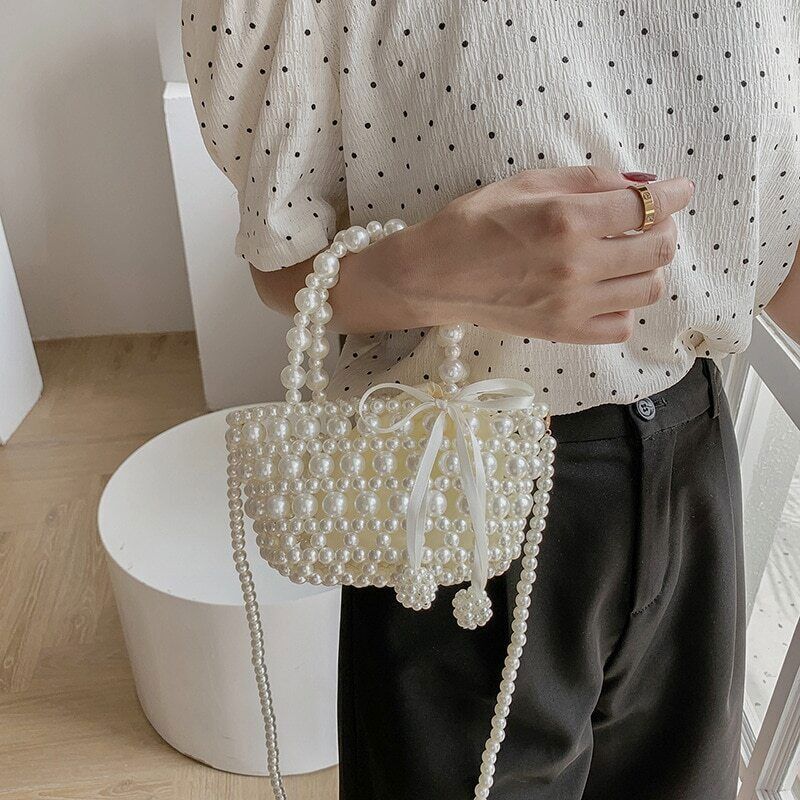 Pearl Woven Handbag Chain Shoulder Bags Women Travel Crossbody Bag