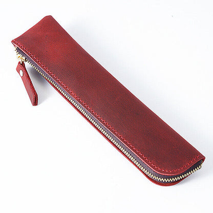Handmade Cowhide Leather Vintage Zipper Pencil Case mini Pen Bag Pen Accessories