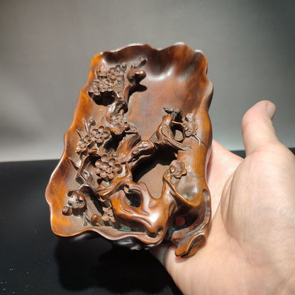 6" Carved Wood Decor Plum Blossom Magpie Statue Writing-Brush Washer Calligraphy