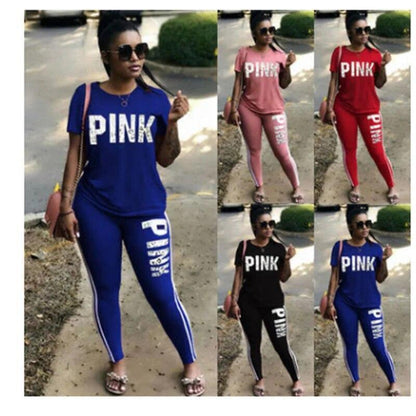 Pink Letter Print 2 Piece Activewear Outfits Jogging Women Fashion Plus Size New