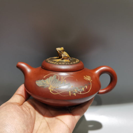 Vintage Chinese Yixing Purple Clay Teapot Zisha Ceremony Frog Lotus Leaf Teaware
