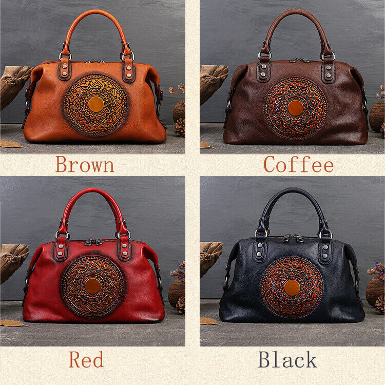 Genuine Leather Womens Bag Retro Handbag Floral Embossed Sling Shoulder Bag