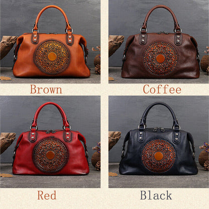 Genuine Leather Womens Bag Retro Handbag Floral Embossed Sling Shoulder Bag