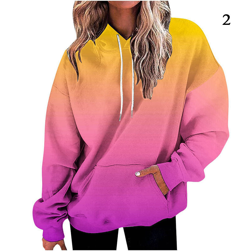 Womens 3D Gradient Hoodie Baggy Pullover Long Sleeve Tops Ladies Sweatshirt