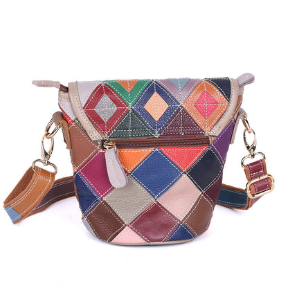 100% Genuine Leather Colorful Blocks Patchwork Women's Sling Shoulder Bag