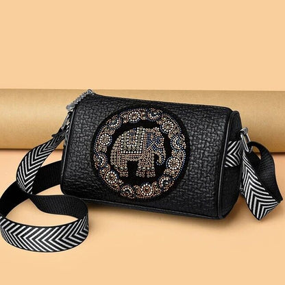 Women's Crossbody Genuine Leather Embroidered Duffel Bag Elephant Pattern Gift