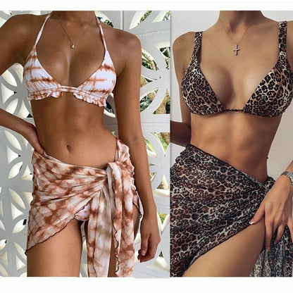 Womens Swimsuit 3 Piece Tie Dye Push Up Padded Biquini Bathing Suit Thong Skirt
