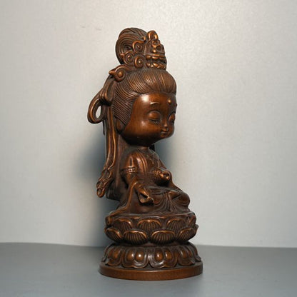 Vintage Chinese Boxwood Carving Baby Kuan Yin Statue Ornament Wood Figurine Gift