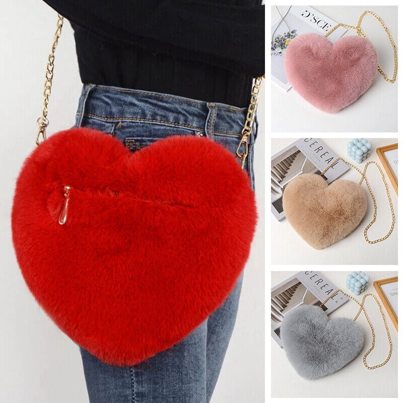 Womens Heart Shape Faux Fur Bag Shoulder Handbag Crossbody Bag Purse Zipper
