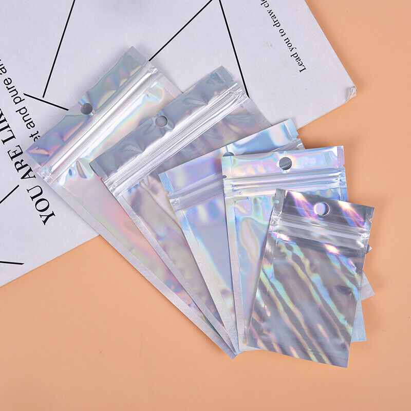 10x Iridescent Zip lock Pouches Cosmetic Plastic Laser Holographic Zipper Bag-ca