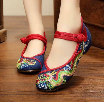 Retro Ethnic Women Embroidered Dragon Slipper Loafer Mary Janes Flat Shoes New