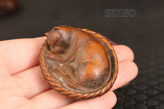 Japanese Lovely Boxwood Hand Carved Cat Figure Statue Netsuke Collectable