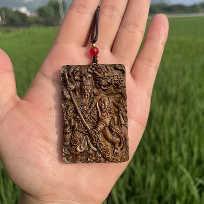 Woman Men Fashion Pendant Necklace Guan Gong 关羽 Wood Sculpture Amulet Pandent