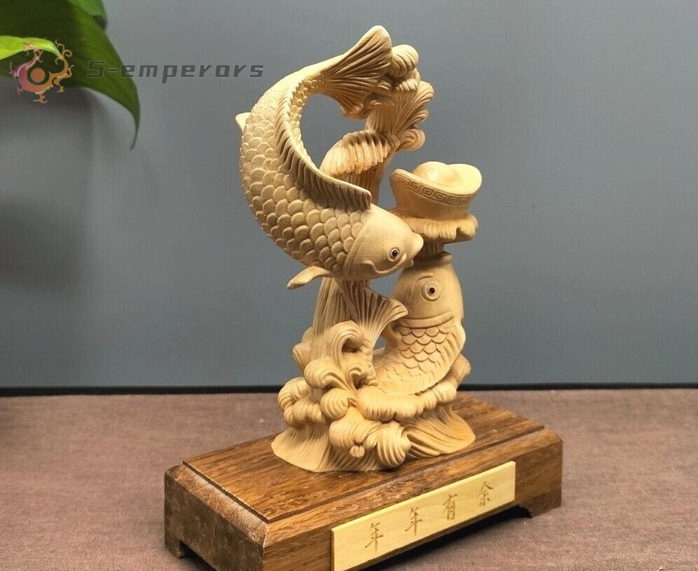 5.5" Boxwood Carved Carp Fish Igot Statue Feng Shui Wealth Home Ofiice Decor