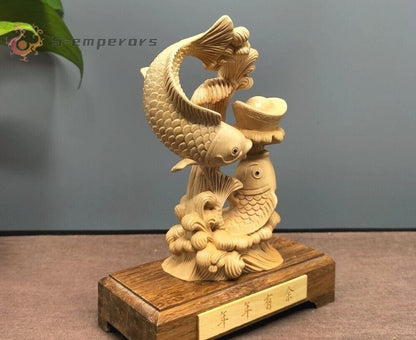 5.5" Boxwood Carved Carp Fish Igot Statue Feng Shui Wealth Home Ofiice Decor