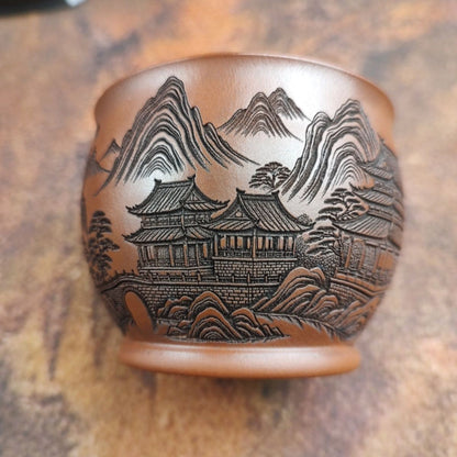 Yixing Zisha Zhuni Teacup 2.9in 150cc Hand Carved Landscape Relief