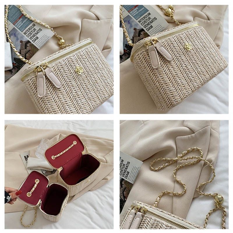 Mini Straw Bucket Crossbody Bag Handbag Purse Fashion Chain Simple Shoulder Bags