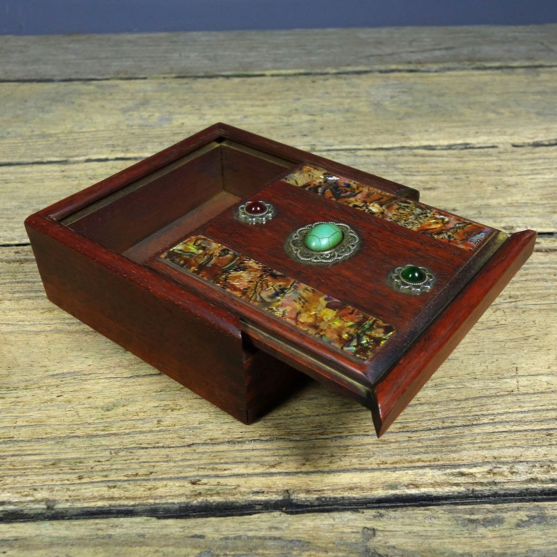 Vintage Rosewood Pull-Out Box, Inlaid Abalone & Gemstones, 12cm