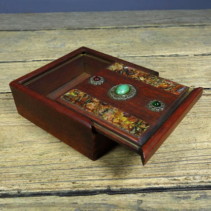 Vintage Rosewood Pull-Out Box, Inlaid Abalone & Gemstones, 12cm
