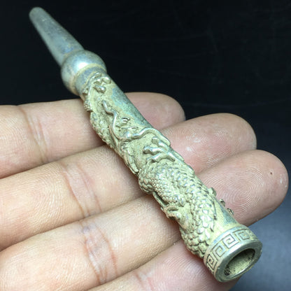 Tibetan Silver copper Dragon Head pipe Smoking Tool Statue Sacred Tobacco rod