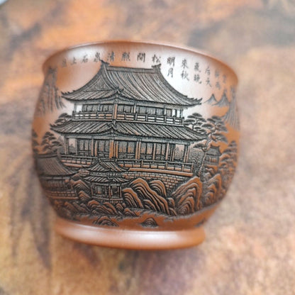Yixing Zisha Zhuni Teacup 2.9in 150cc Hand Carved Landscape Relief