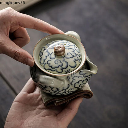 Ru Kiln Ceramic Hand Pot Hand-painted Blue and White Porcelain Filter Tea Set