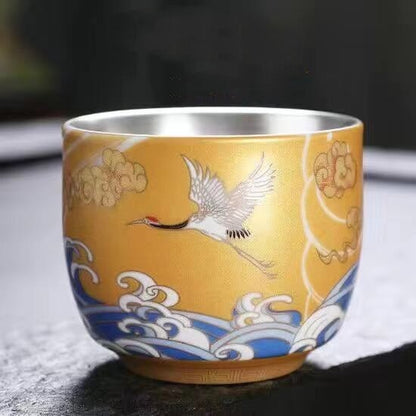 Ceramic Tea Cup Sterling Silver Master Cup Crane Print Chinese Kungfu Cup Of Tea
