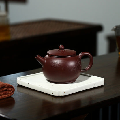 Handmade Tea Pot Marked Bamboo Carved Chinese Yixing Zisha Pot Purple Clay China