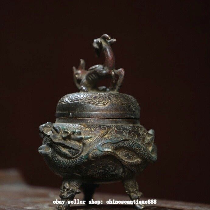 5.5" Marked Antique China Pure Bronze Dynasty Dragon Beast Incense Burner Censer