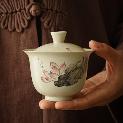 115ml Chinese Ceramics Lotus Pattern Gaiwan Retro Kung Fu Tea Set Tea Bowl Cup