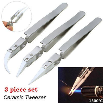Tweezers Ceramic Stainless Steel Straight Elbow Tips Anti-Static Soldering Tools