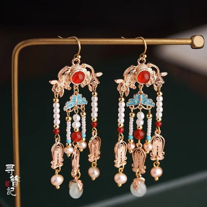 Hanfu Vintage Tassel Long Earrings Bride Filigree Fish Tang Style Chinese