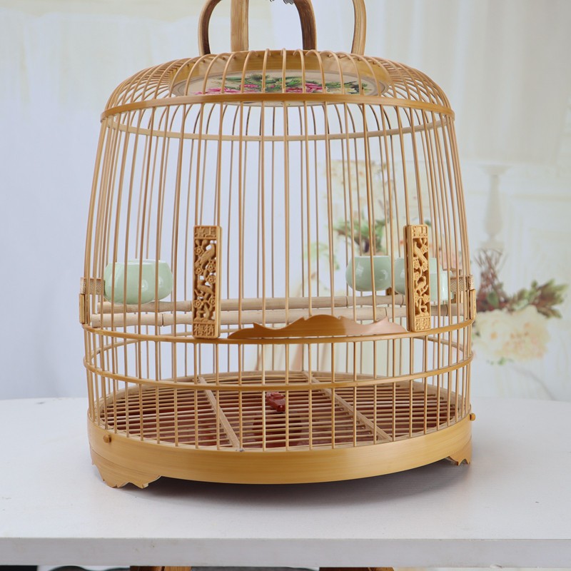 27.5 Cm Chinese Circular Shape Carving Bamboo Wood Birdcage