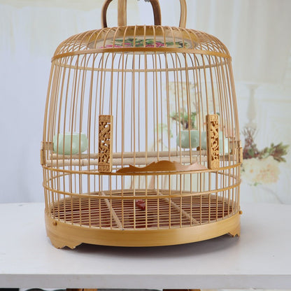 27.5 Cm Chinese Circular Shape Carving Bamboo Wood Birdcage